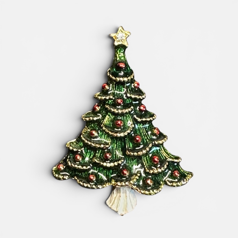 Vintage Christmas Tree Brooch Green Enamel Rhinestone Holiday Pin Gold Tone
